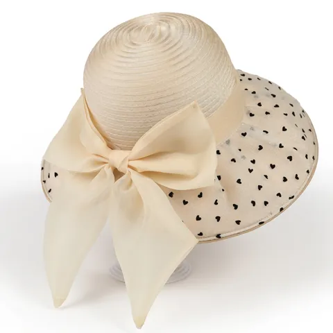 Women Summer Sun Hat Large Brim Organza Bow Decoration Heart Polka Dot Pattern Foldable French Vintage Beach Fisherman Hat