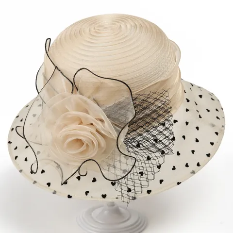 Women Elegant French Organza Flower Heart Dot Mesh Veil Bucket Hat Vintage Fascinator For Wedding Tea Party Church Hat
