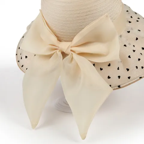 Women Summer Sun Hat Large Brim Organza Bow Decoration Heart Polka Dot Pattern Foldable French Vintage Beach Fisherman Hat