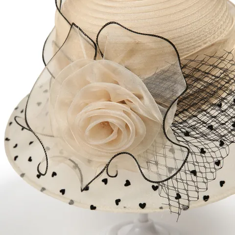 Women Elegant French Organza Flower Heart Dot Mesh Veil Bucket Hat Vintage Fascinator For Wedding Tea Party Church Hat