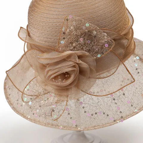 Women Elegant Organza Fascinator Hat With Large Flower Sequins Wide Brim Church Wedding Party Sun Hat Breathable Accessory