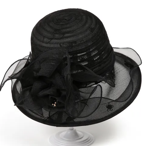 Women Elegant Organza Bucket Hat With Large Floral Pearl Accent Vintage Church Wedding Sun Hat Breathable Wide Brim Party Hat