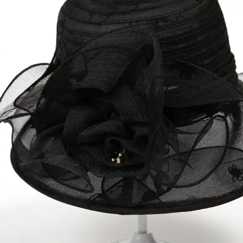 Women Elegant Organza Bucket Hat With Large Floral Pearl Accent Vintage Church Wedding Sun Hat Breathable Wide Brim Party Hat