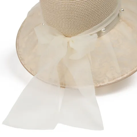 Elegant Women Straw Sun Hat Large Brim With Lace Bow And Artificial Pearl Ribbon Breathable Foldable Fisherman Hat For Beach Holiday
