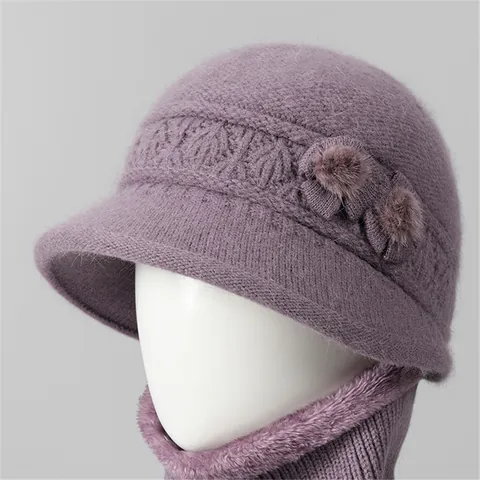 Women's Winter Warm Knit Hat Scarf Set Rabbit Hair Blend Fleece Lined Beanie With Flower Pom Pom For Elderly Seniors