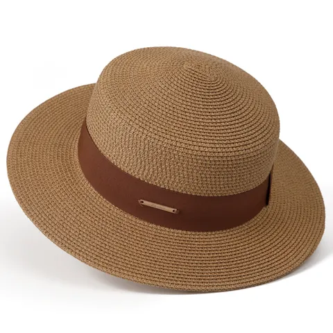 Women Elegant Paper Straw Boater Hat Sun Protection Wide Brim Beach Hat Flat Top Straw Hat With Ribbon Decoration And Metal Plaque