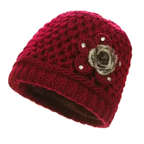 Women Winter Knit Hat Warm Fleece Lined Beanie Elderly Grandma Mom Thick Woolen Cap With Flower Pearl Rhinestone Decoration