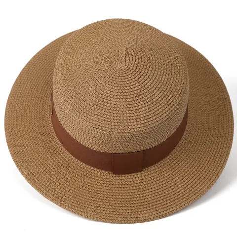 Women Elegant Paper Straw Boater Hat Sun Protection Wide Brim Beach Hat Flat Top Straw Hat With Ribbon Decoration And Metal Plaque
