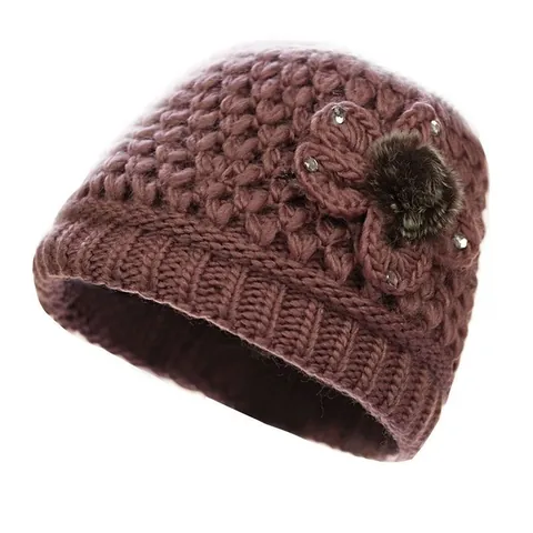 Gorro de Punto de Invierno para Mujer Forro de Felpa Cálido Beanie Ancianos Abuela Mamá Gorra de Lana Gruesa Con Decoración de Flores Perlas Diamantes de Imitación