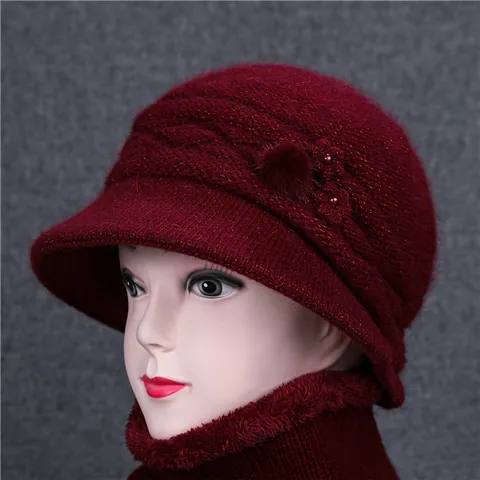 Women Winter Rabbit Hair Knit Bucket Hat And Scarf Neck Warmer Thickened Fleece Lining Warm Flower Pearl Elegant Hat