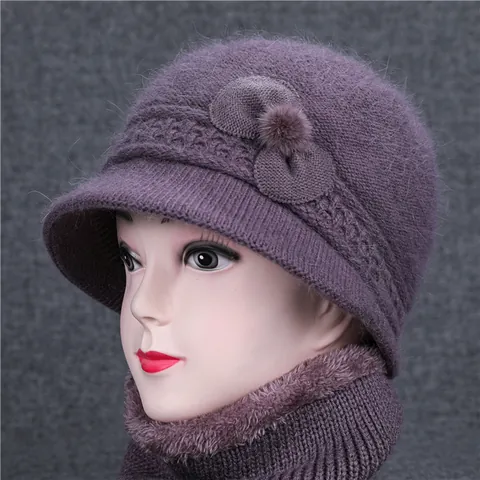 Women's Winter Rabbit Hair Blend Knit Bucket Hat Scarf Set Warm Elegant Flower Beanie For Elderly Ladies Grandmother