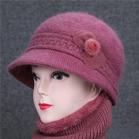 Women's Winter Rabbit Hair Blend Knit Bucket Hat Scarf Set Warm Elegant Flower Beanie For Elderly Ladies Grandmother