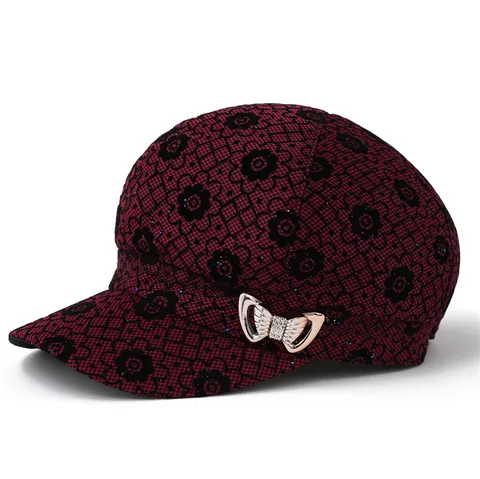 Dames Retro Bloemenkant Pet Met Klep Met Strikdecoratie Metaal Strass Elegant Zonnescherm Mode Baseballpet