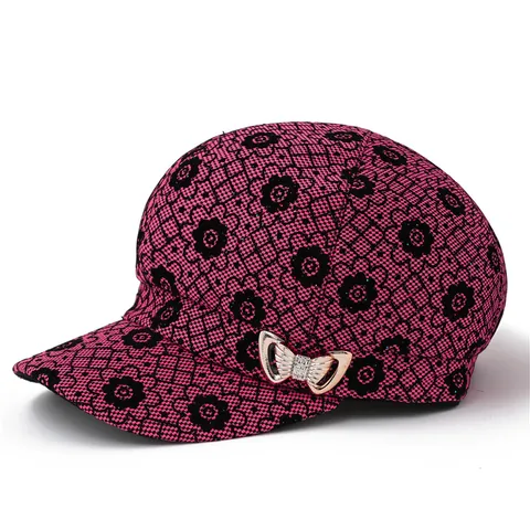 Dames Retro Bloemenkant Pet Met Klep Met Strikdecoratie Metaal Strass Elegant Zonnescherm Mode Baseballpet