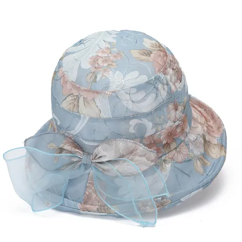 Elegante Dames Zonnehoed Met Bloemenprint Van Organza Brede Rand Opvouwbare Ademende Vissershoed Met Grote Strik Voor Strand Reizen
