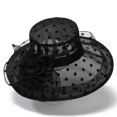 Women Elegant Organza Wide Brim Sun Hat Polka Dot Fascinator Church Wedding Party Hat Foldable Floral Breathable Sun Hat