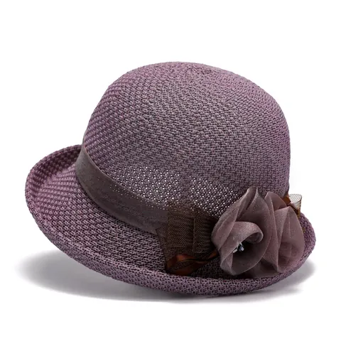 Eleganter Damen Sonnenhut Gewebt Netz Blume Breite Krempe Fischerhut Für Ältere Damen UV-Schutz Sommer Strandhut