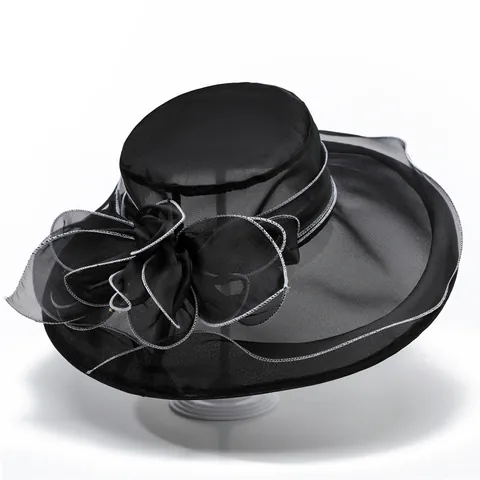 Women Elegant Organza Sun Hat Wide Brim Floral Bow Wedding Church Party Dress Hat Breathable UV Protection Summer Hat