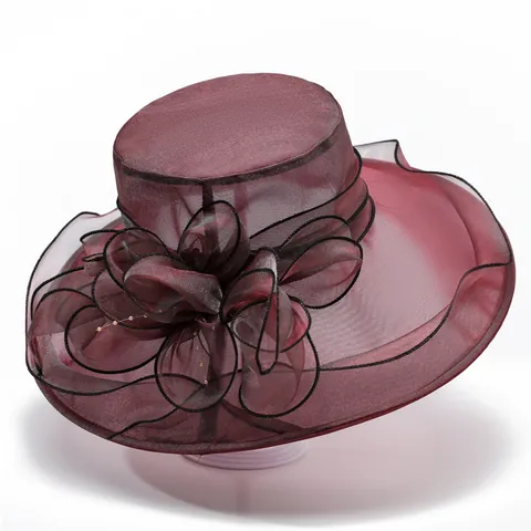 Women Elegant Organza Sun Hat Wide Brim Floral Bow Wedding Church Party Dress Hat Breathable UV Protection Summer Hat