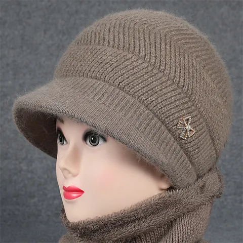 Bonnet d'Hiver Chaud pour Femmes en Mélange de Poils de Lapin Tricoté Avec Décoration Papillon Strass Künstliche Perles pour Seniors