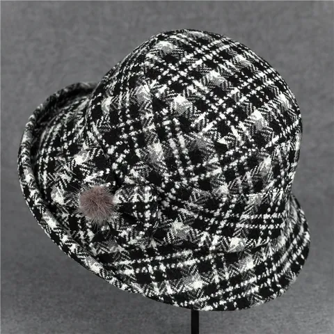 Damen Herbst Winter Warm Wollen Karomuster Glockenhut Elegant Schleife Pelzball Britisches Retro Fischerhut Für Ältere