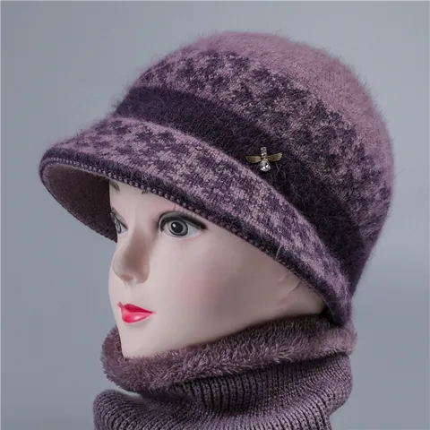 Winter Warm Rabbit Hair Blend Knitted Hat And Scarf Set For Elderly Women Fleece Lined Bee Decor Elegant Grandma Beanie