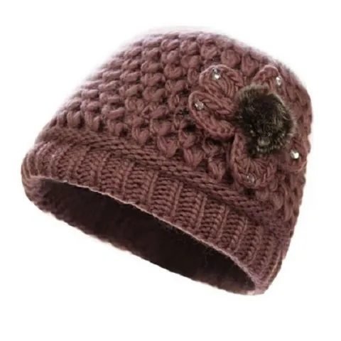 Women Winter Knit Hat Warm Fleece Lined Beanie Elderly Grandma Mom Thick Woolen Cap With Flower Pearl Rhinestone Decoration