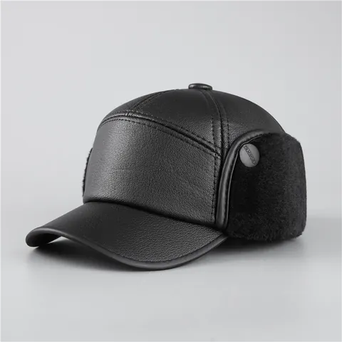 Herren Winter PU Leder Baseballkappe Mit Ohrenschützern Warm Winddicht Kunstpelz Gefütterte Mütze Für Senioren Männer Vater Opa