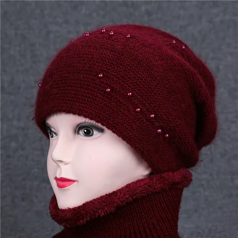 Berretto a Maglia da Donna Anziana E Scaldacollo Invernale Caldo Misto Pelo di Coniglio Decorazione Perle Regalo Anziani