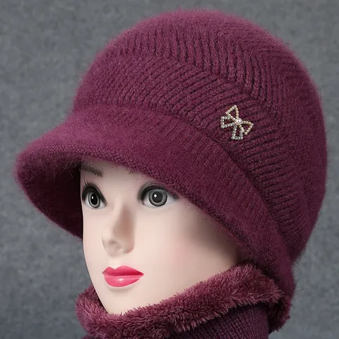 Bonnet d'Hiver Chaud pour Femmes en Mélange de Poils de Lapin Tricoté Avec Décoration Papillon Strass Künstliche Perles pour Seniors