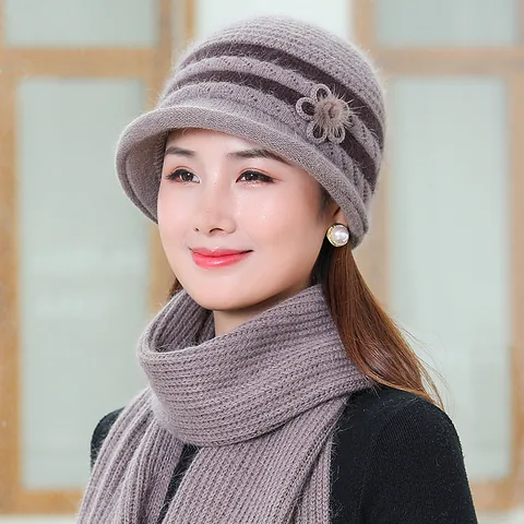 Winter Rabbit Hair Blend Knit Hat For Women Thick Fleece Lined Warm Beanie With Flower Decor Elegant Elderly Mom Bucket Hat