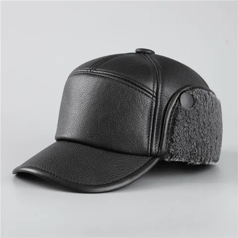 Herren Winter PU Leder Baseballkappe Mit Ohrenschützern Warm Winddicht Kunstpelz Gefütterte Mütze Für Senioren Männer Vater Opa
