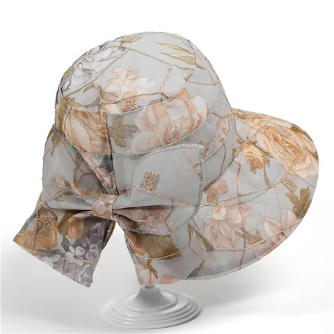 Elegant Women Floral Organza Sun Hat Big Brim UV Protection Foldable Summer Beach Hat With Bow Gold Embroidery Grid