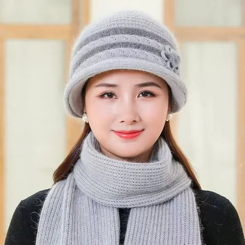 Winter Rabbit Hair Blend Knit Hat For Women Thick Fleece Lined Warm Beanie With Flower Decor Elegant Elderly Mom Bucket Hat