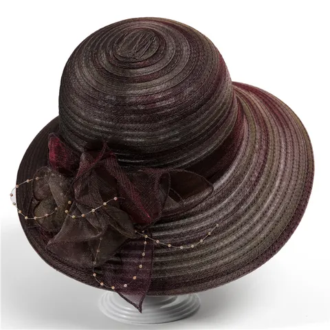 Women Elegant Organza Flower Wide Brim Sun Hat Foldable Striped Mesh Beach Bucket Hat For Church Party Travel Mom Gift