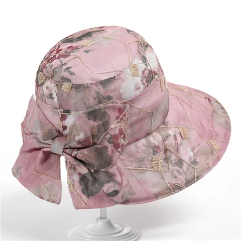 Elegant Women Floral Organza Sun Hat Big Brim UV Protection Foldable Summer Beach Hat With Bow Gold Embroidery Grid