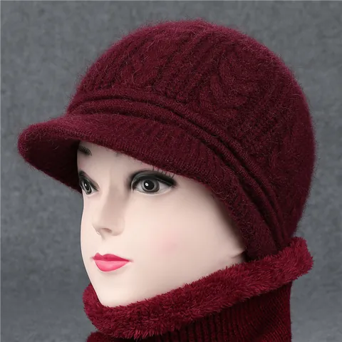Women Rabbit Hair Blend Knit Hat Scarf Set Winter Warm Fleece Lined Cable Knitted Beanie Neck Warmer For Middle Aged Elderly Women