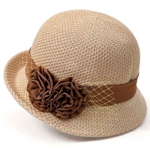 French Elegant Women's Woven Sun Hat Vintage Cloche Bucket Hat With Flower Ribbon Mesh Decoration Travel Beach Sunscreen Cap