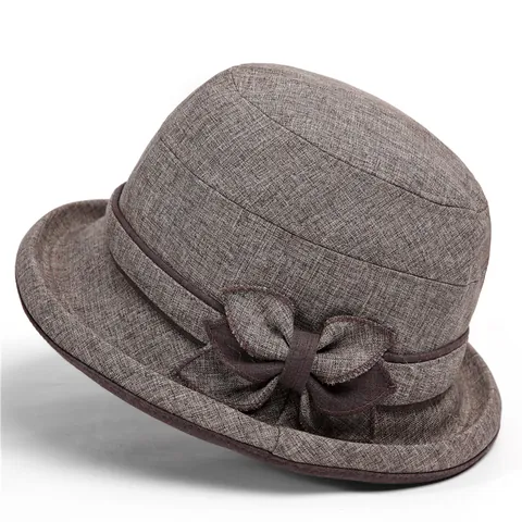 Women Elegant Cloche Hat Vintage Bow Decoration Cotton Polyester Breathable Sun Protection Bucket Hat For Elderly Ladies
