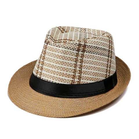 Cappello Fedora in Paglia da Uomo Intrecciato in Carta Con Fascia in Raso Motivo Plaid Traspirante Spiaggia Estiva Jazz Hat
