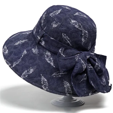 Women's Foldable Wide Brim Sun Hat Cotton Fabric UV Protection Elegant Bow Feather Print Beach Bucket Hat Summer Travel Cap
