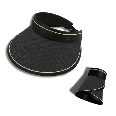 Women UV Protection Sun Visor Hat Foldable Straw Hat With Black Vinyl Coating Wide Brim Beach Travel Adjustable Cap