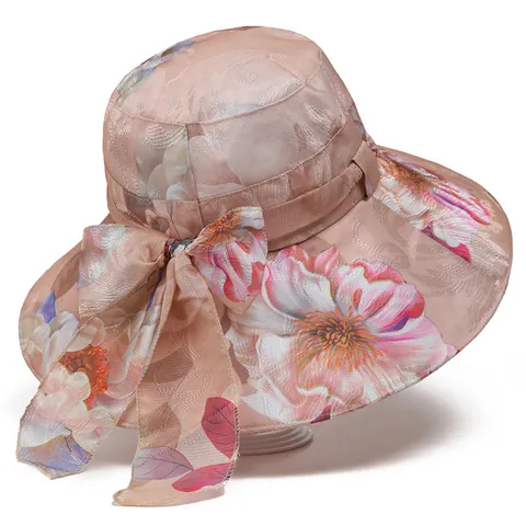 Women's Elegant Floral Wide Brim Sun Hat Foldable Breathable Sun Protection Beach Hat With Bow For Middle-Aged Mother Gift