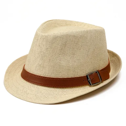 Unisex Vintage Paper Straw Woven Fedora Hat Breathable Sun Protection Jazz Hat With Belt Buckle For Summer Beach Holiday