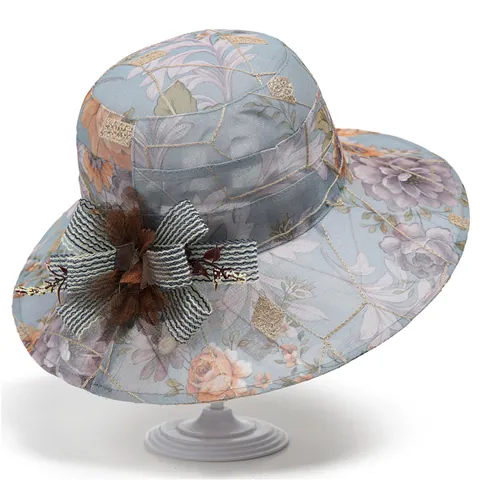 Elegant Floral Mesh Sun Hat For Women Wide Brim Breathable Organza Fisherman Hat With Bow Summer Beach UV Protection Cap