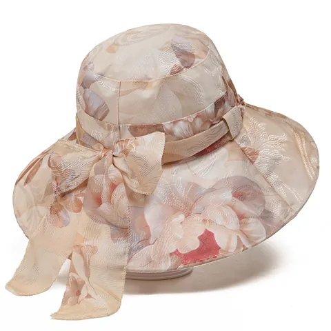 Women's Elegant Floral Wide Brim Sun Hat Foldable Breathable Sun Protection Beach Hat With Bow For Middle-Aged Mother Gift