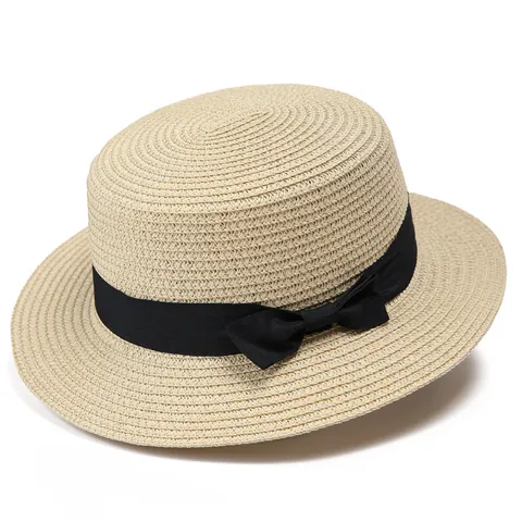 Sombrero de Paja Boater Trenzado Retro para Mujer Niños Con Lazo de Cinta Negra Copa Plana Ala Corta Protección Solar de Verano Playa