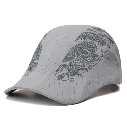 Béret Basque pour Hommes Imprimé Dragon Chinois Été Respirant Maille Protection Solaire Extérieur Séchage Rapide Chapeau Réglable Polyester