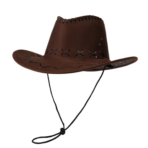Chapeau de Cowboy Western Vintage pour Hommes Femmes Simili Daim Large Bord Chapeau de Soleil Avec Cordon de Vent Ajustable