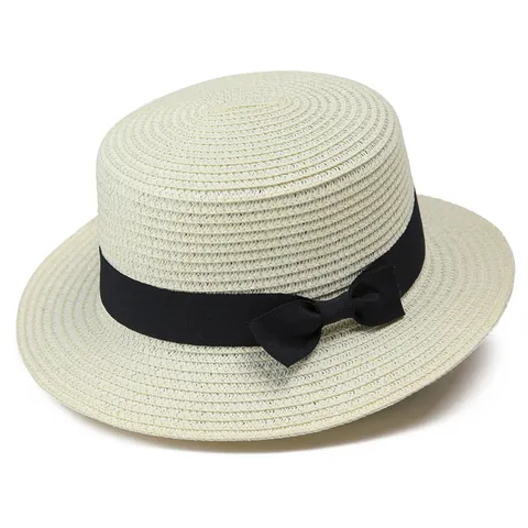 Sombrero de Paja Boater Trenzado Retro para Mujer Niños Con Lazo de Cinta Negra Copa Plana Ala Corta Protección Solar de Verano Playa
